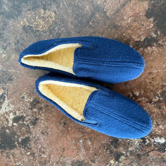 Vtg Slippers Wool Felt‎ Blue Men 9 Made in USA Sherpa Lined House Shoes Unisex main image 4